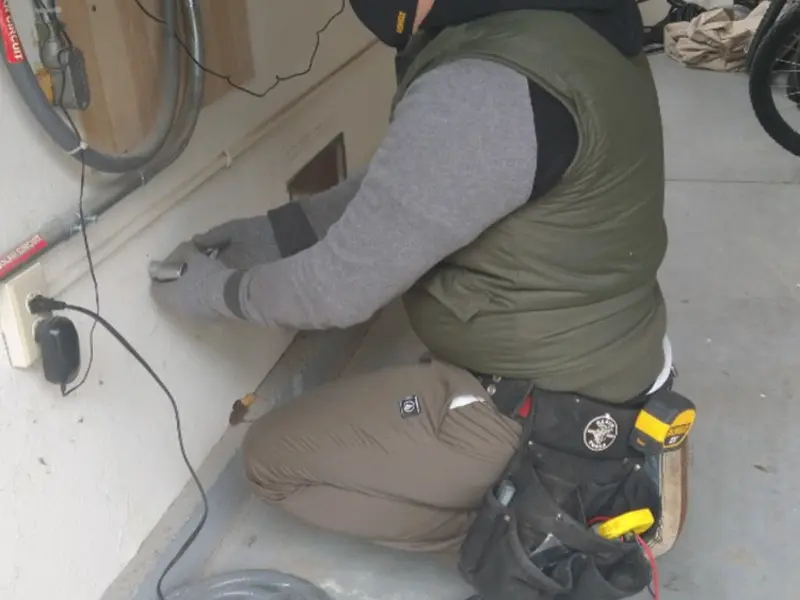 Electrician performing outlet wiring in a Palos Park garage
